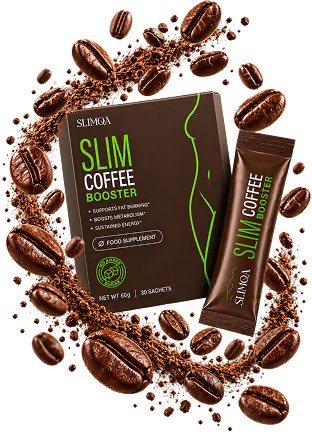 Slimqa Coffee Booster box with sachet surrounded by roasted coffee beans