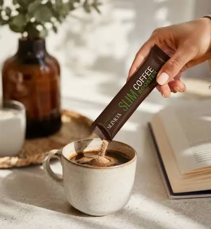 Slimqa Coffee Booster sachet pouring into a fresh cup of coffee