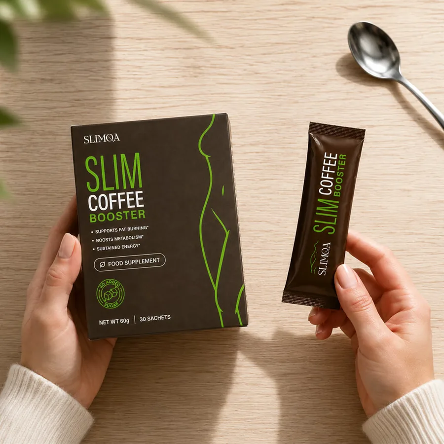 Hands holding a Slimqa Coffee Booster box and sachet on a wooden table